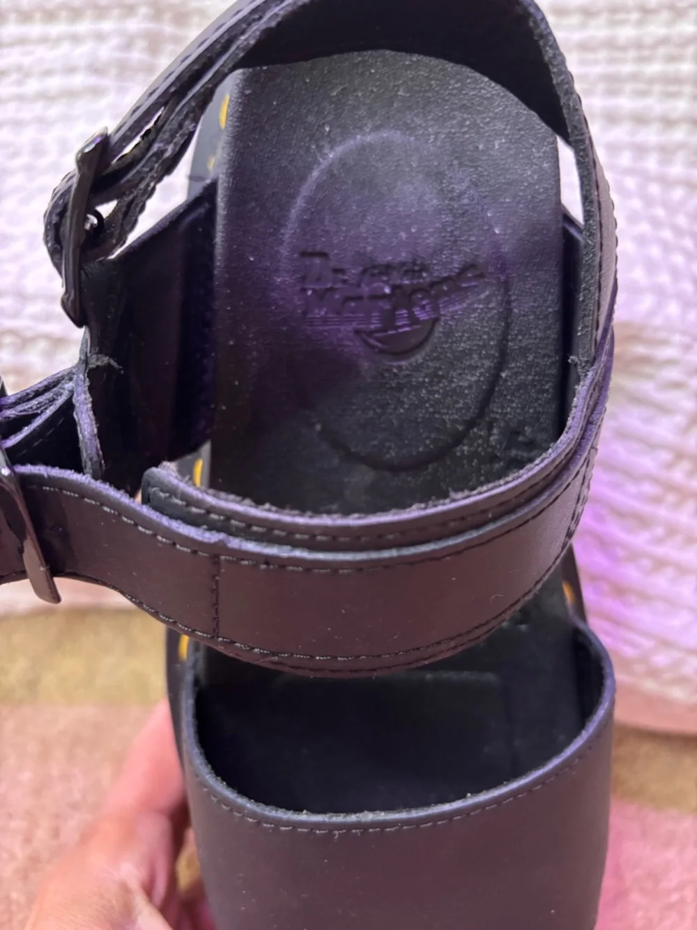 Dr. Martens Voss Quad Black Platform Sandals with Yellow Stitching Size 7